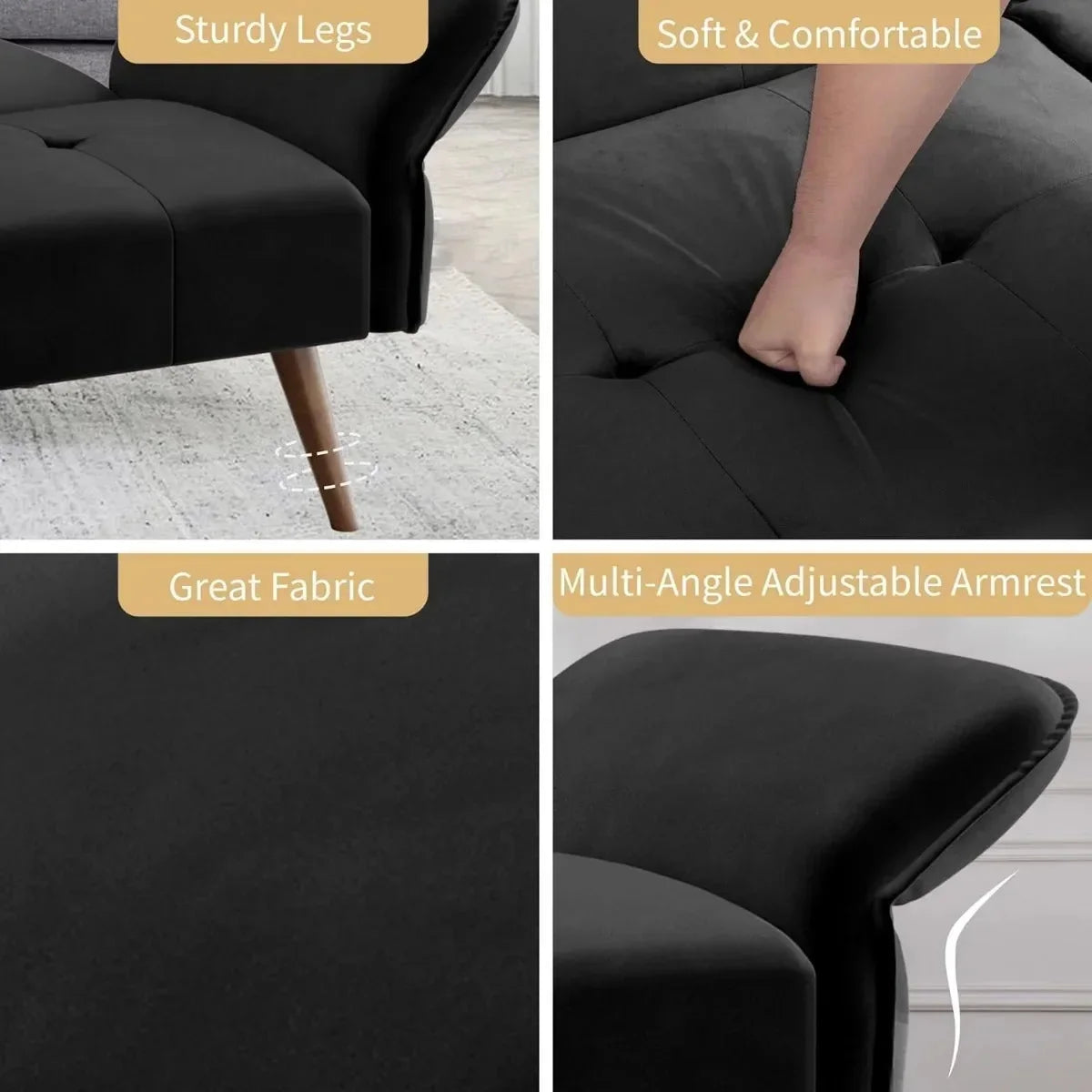 Black Velvet Sofa Bed with Adjustable Armrests P299