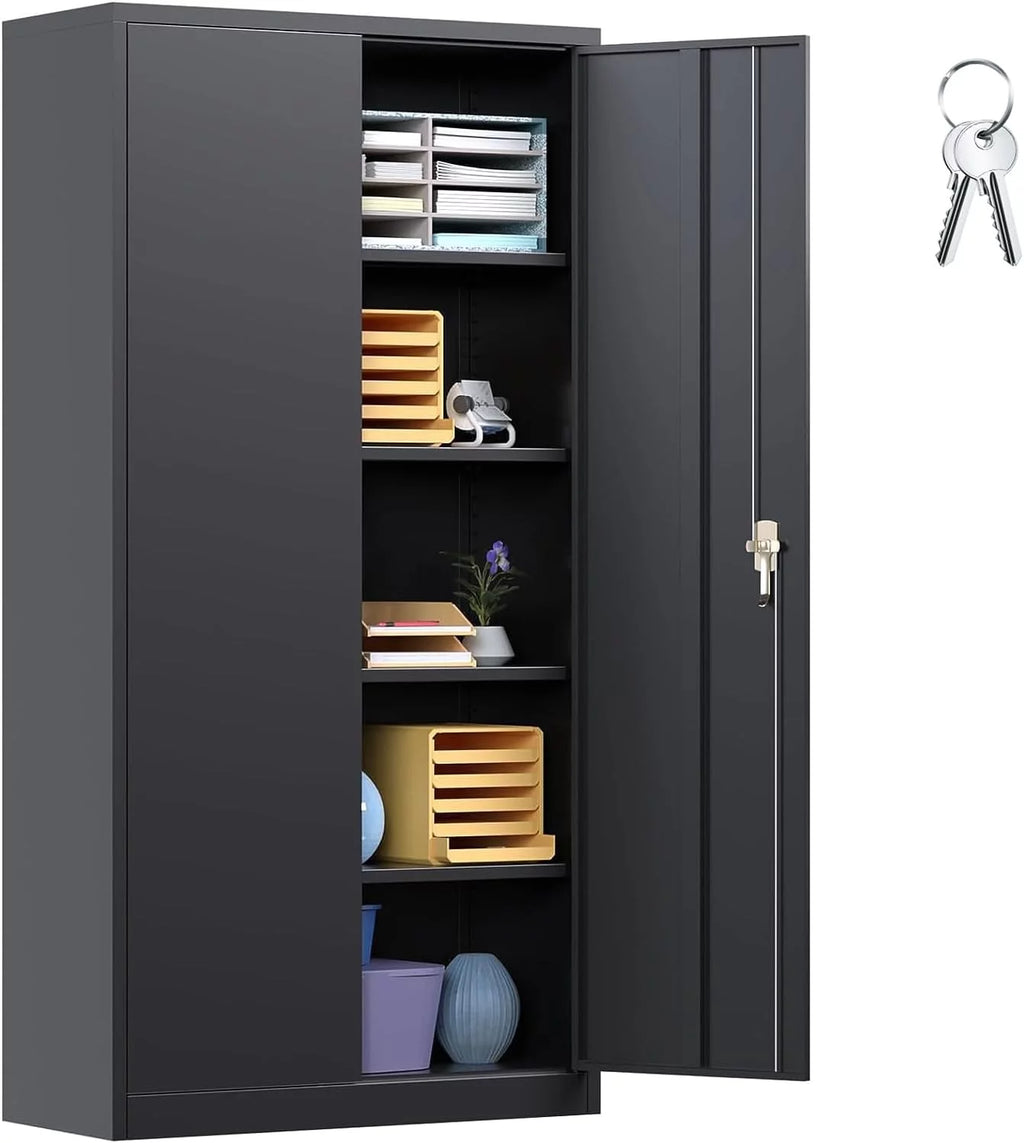 71 In Black Metal Storage Cabinet with Locking Doors and Adjustable Shelves E3879