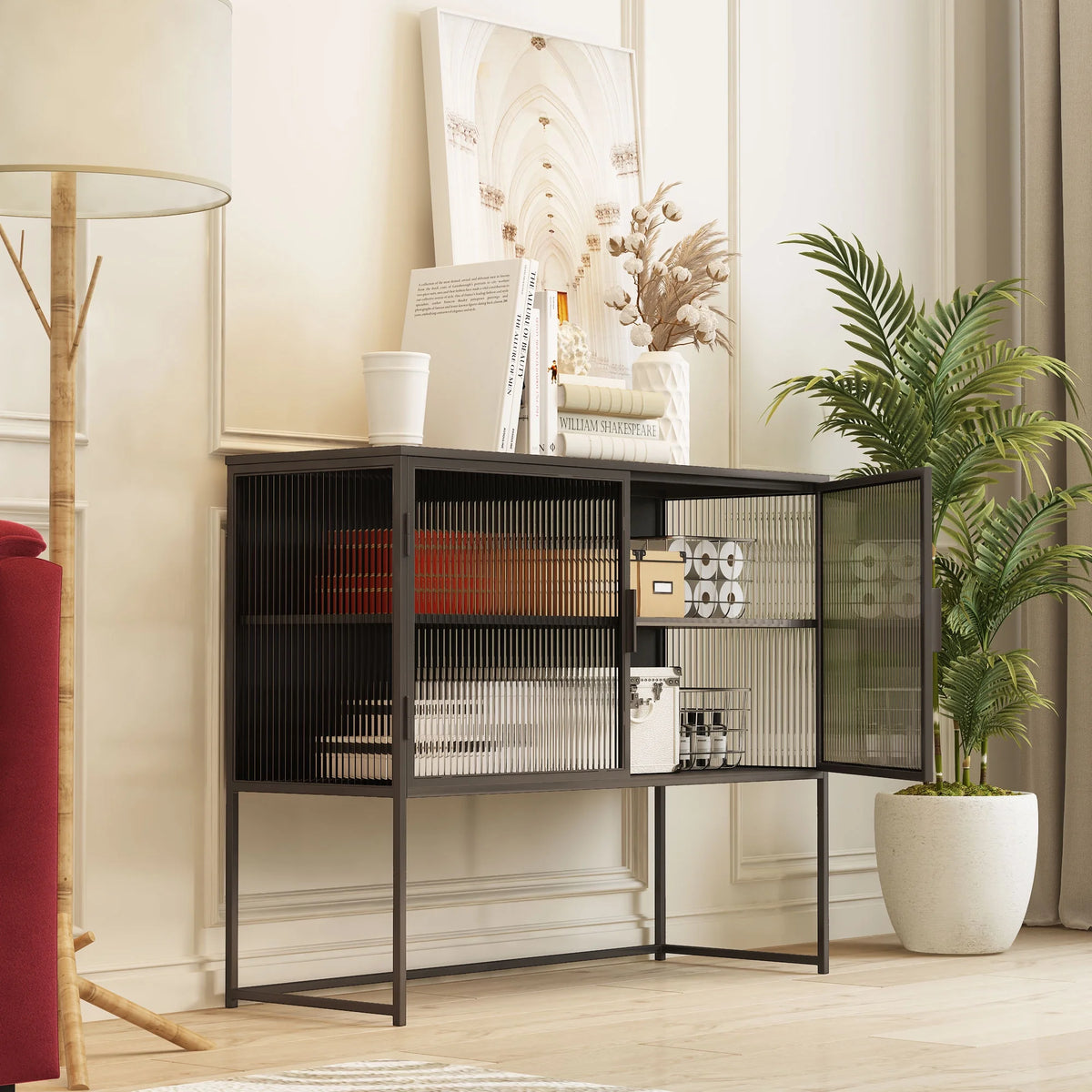 Gray Fluted Glass Sideboard Storage Cabinet Console Table N2451