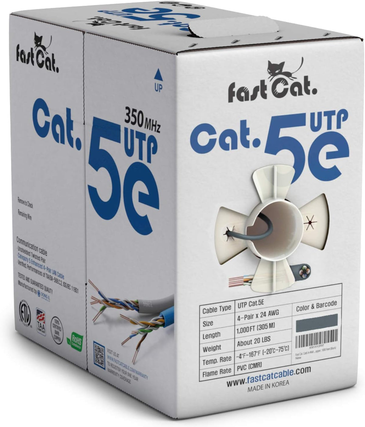 Cat5e Ethernet Cable 1000ft - 24 AWG CMR Insulated Bare Copper Wire UTP LAN Cable S8479