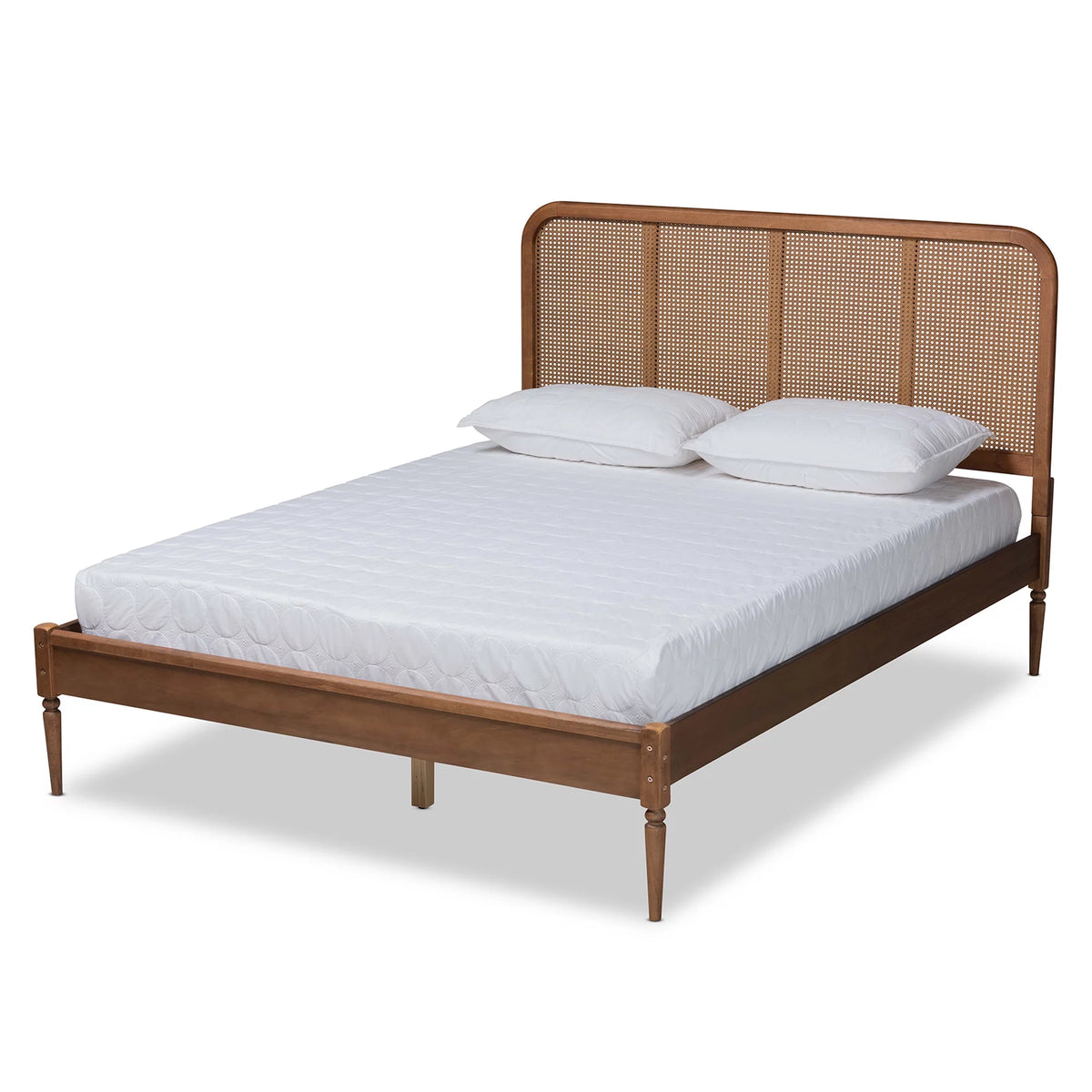 Walnut Brown Wood and Synthetic Rattan Queen Size Platform Bed A389659