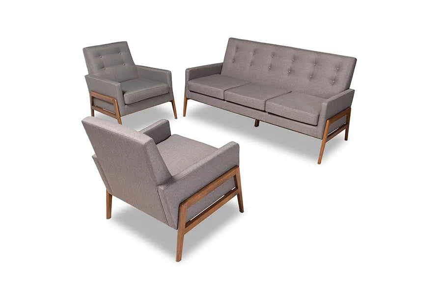 Light Grey Fabric Upholstered Walnut Wood 3-Piece Living Room Set I696