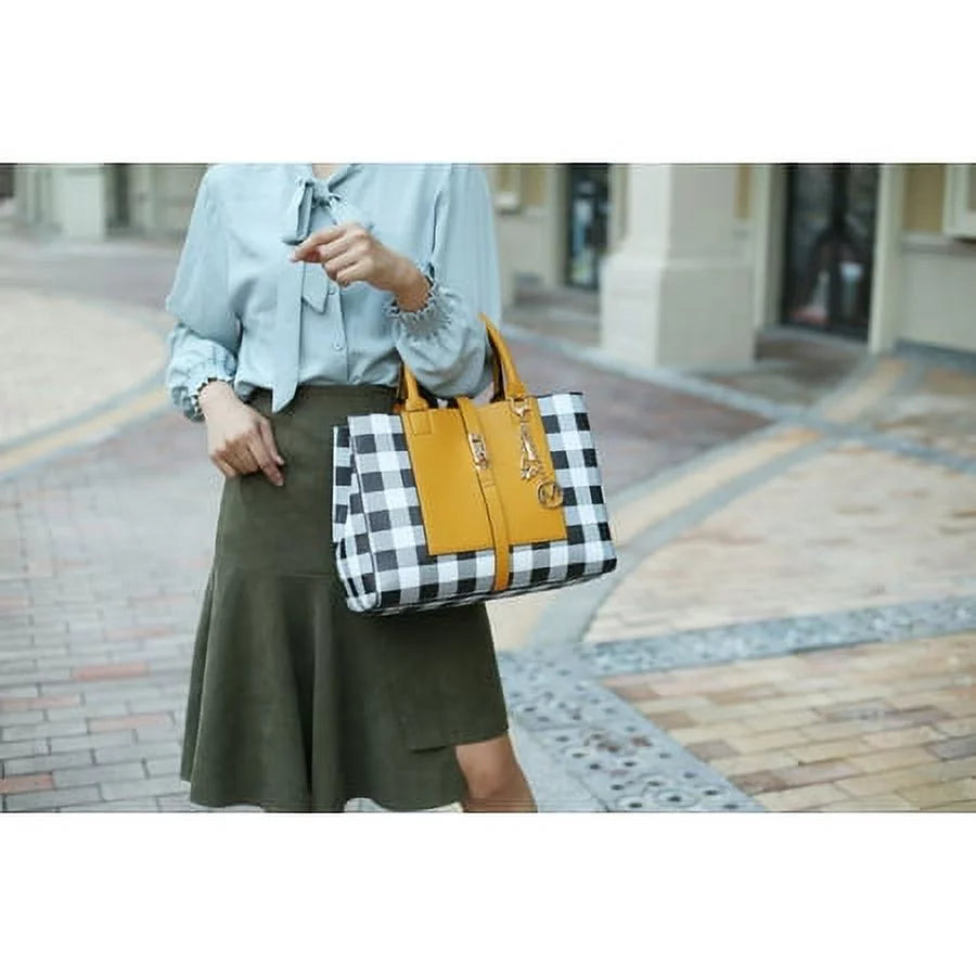 Vegan Leather Checkered Satchel Bag with Wallet 2 Piece Set N73922