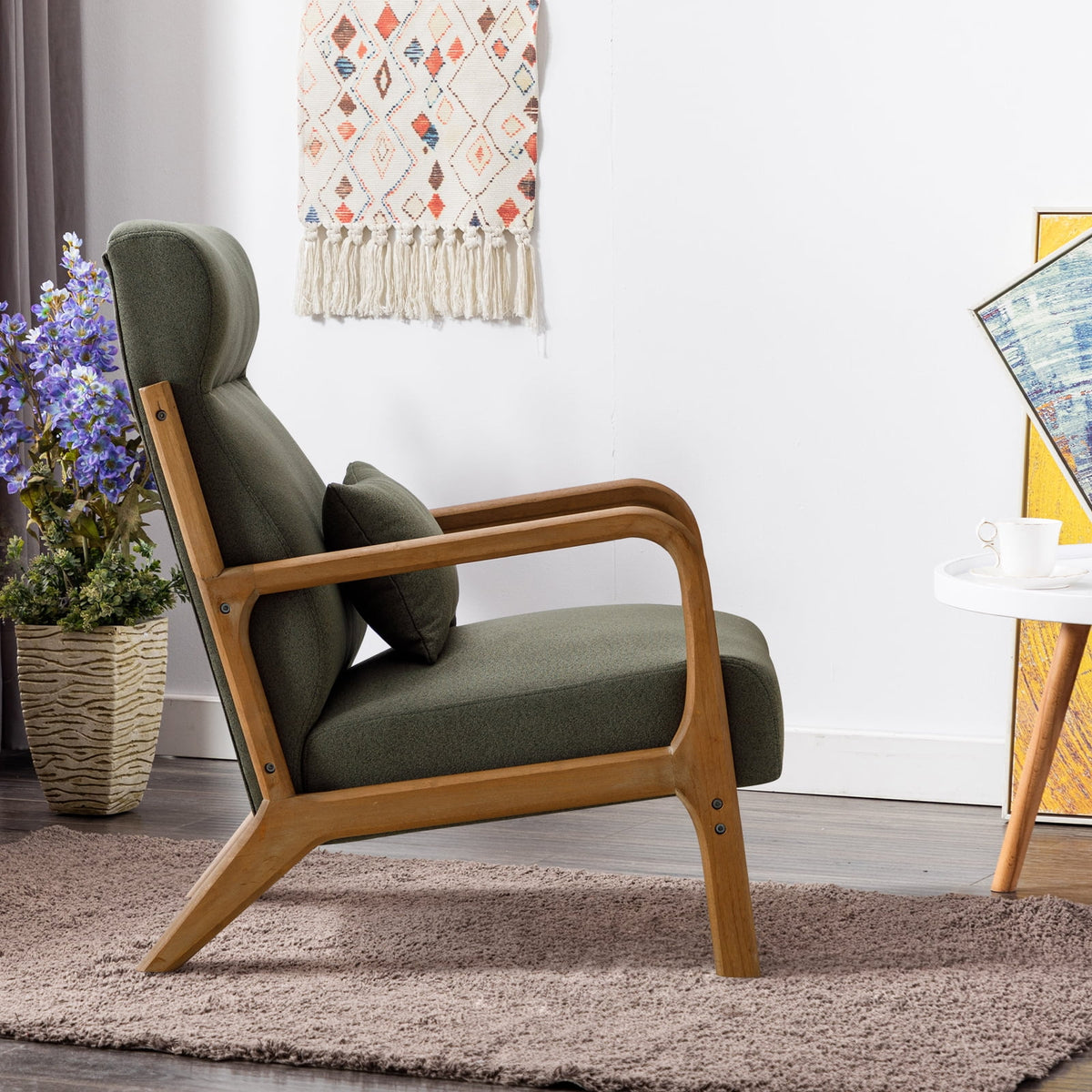 Mid-Century Modern Green Upholstered Accent Chair with Pillow C62308