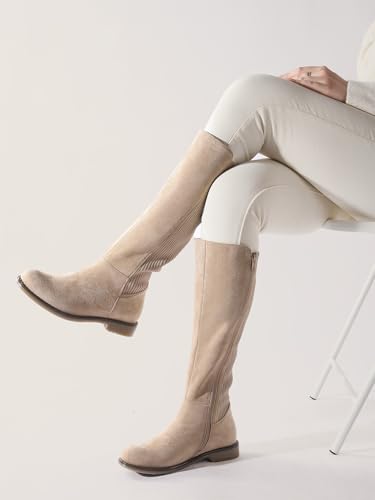 Knee High Boots Flat Low Heel Stretchy Round Toe with Side Zipper B976482