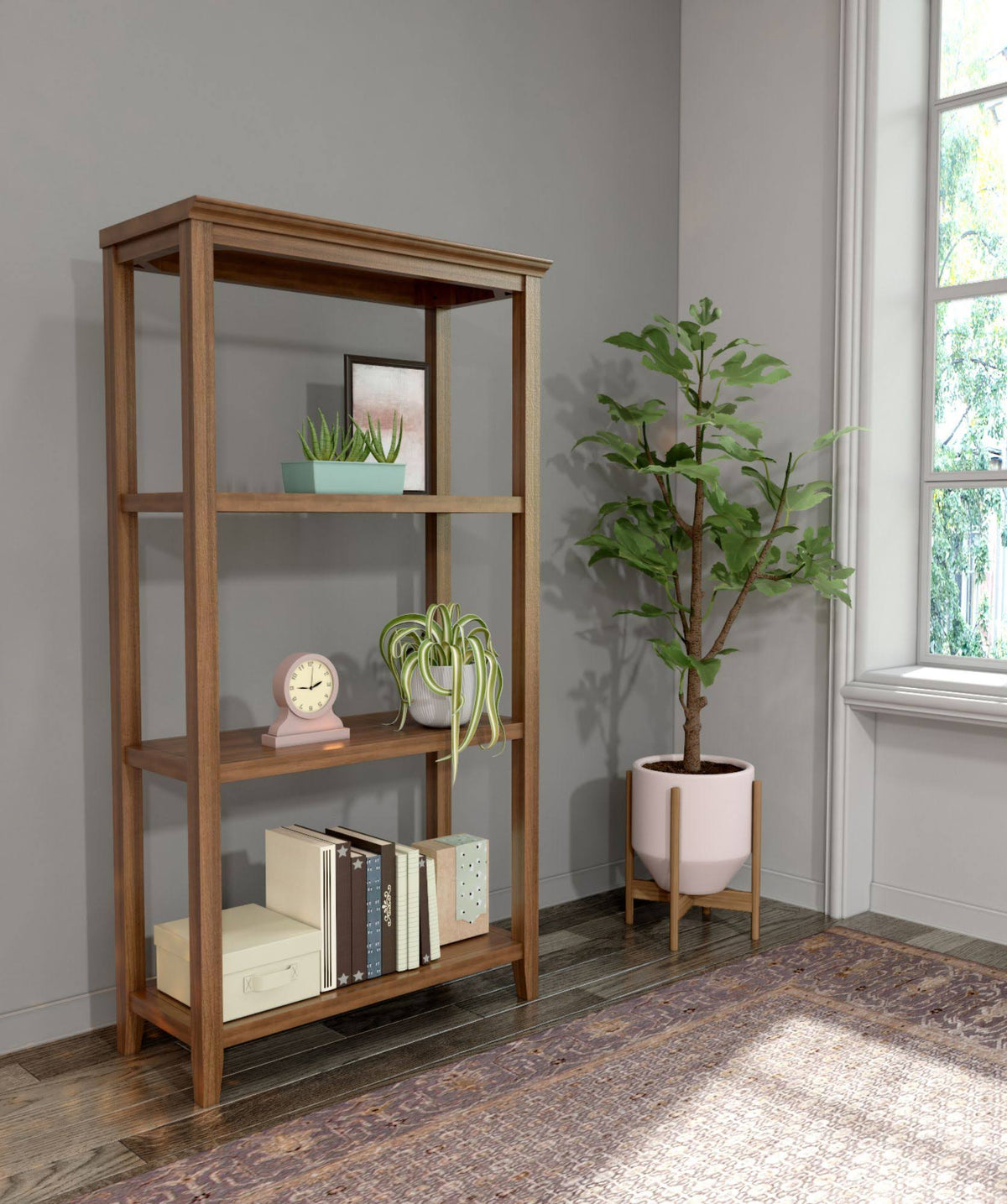Walnut Brown Solid 3-Tier Tall Bookcase L534
