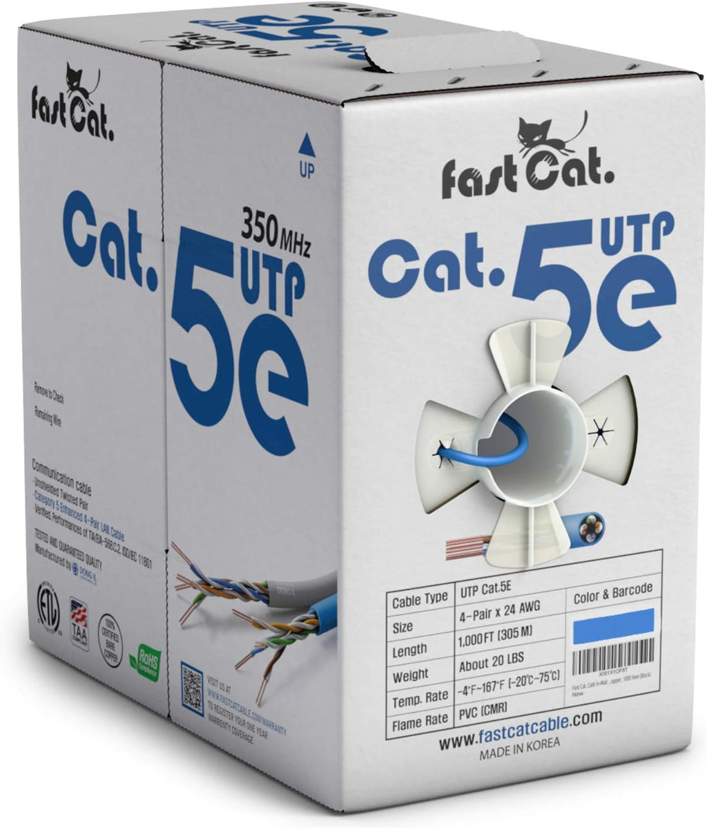 Cat5e Ethernet Cable 1000ft - 24 AWG CMR Insulated Bare Copper Wire UTP LAN Cable S8479