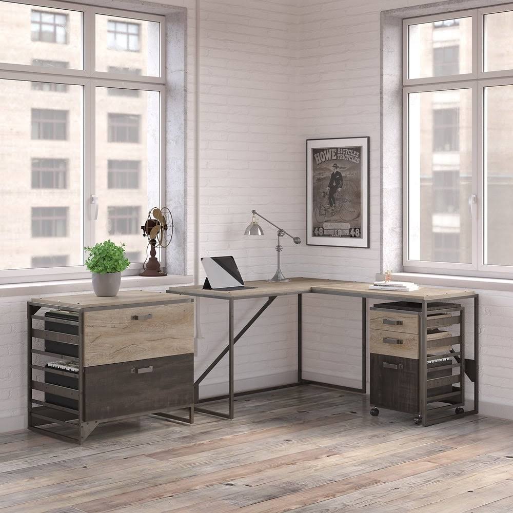 White L Shaped Industrial Desk with File Cabinets F932