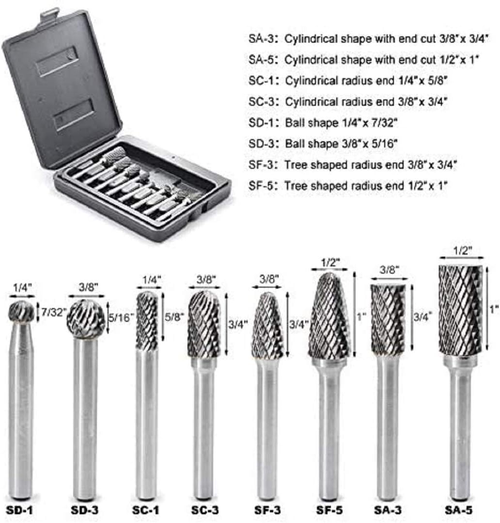 Carbide Burr Set with 1/4'' Shank 8pcs Double Cut Solid Carbide Rotary Burr Set C489