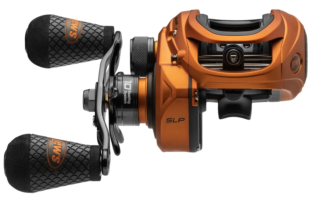 Orange Baitcast Fishing Reel, Right-Hand Retrieve, 7.5:1 Gear Ratio, 10 Bearing System C59607