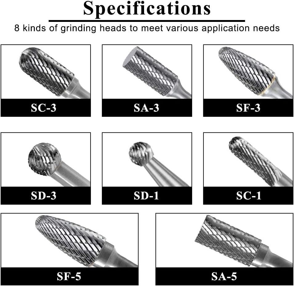 Carbide Burr Set with 1/4'' Shank 8pcs Double Cut Solid Carbide Rotary Burr Set C489