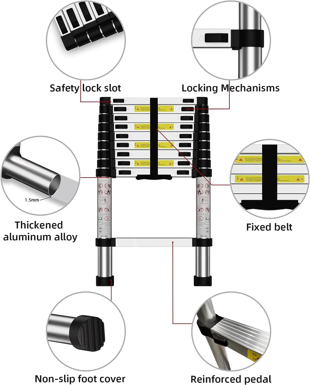 Telescoping Ladder, 12.5 FT Aluminum Heavy Duty 330 lbs Load E944795