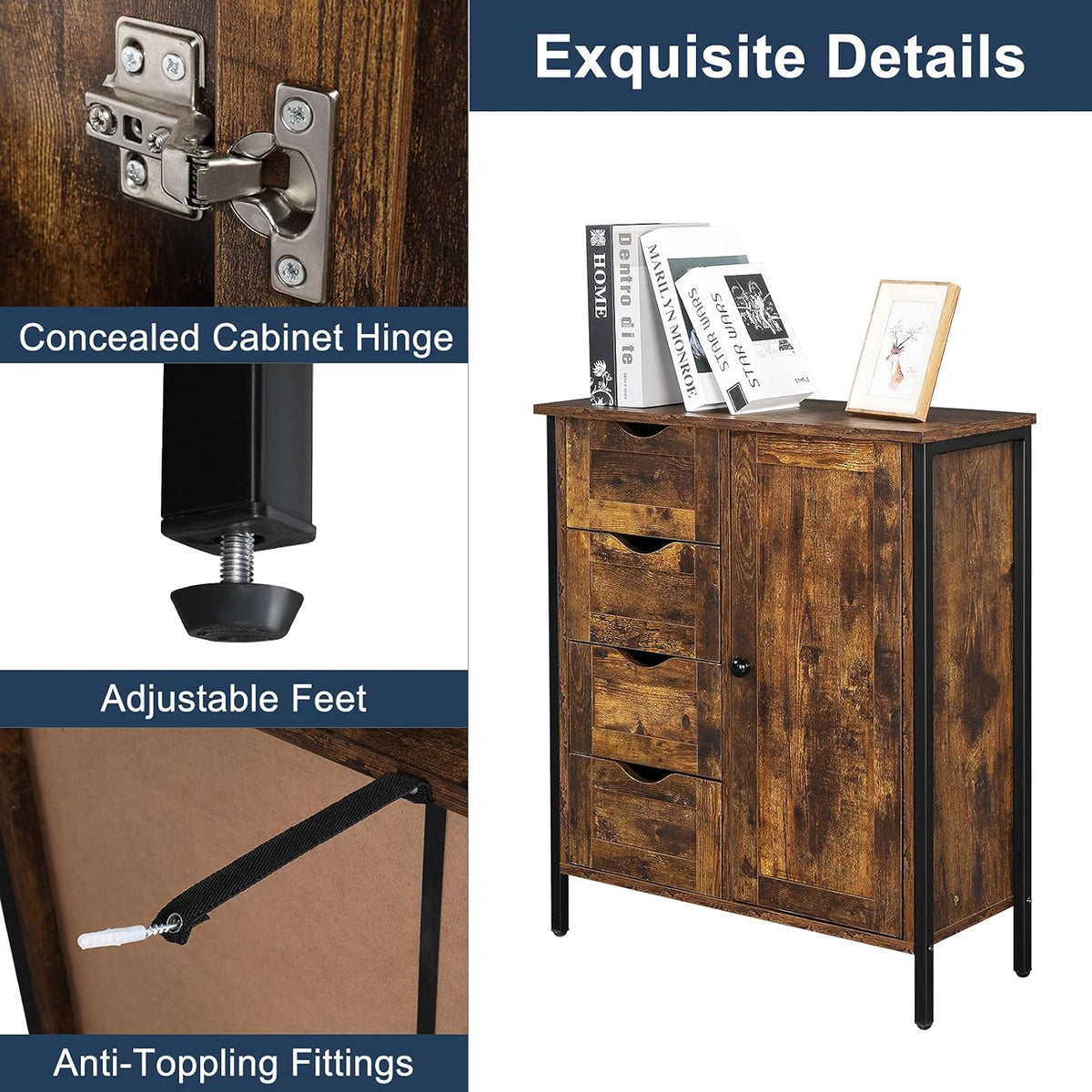 Rustic Brown 4 Drawer 1 Door Wooden Metal Frame Bathroom Floor Cabinet P19450