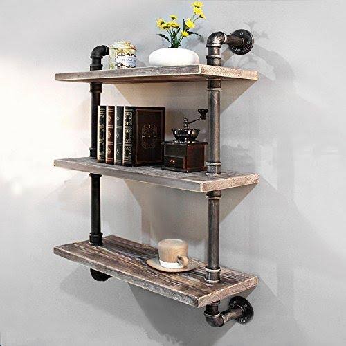 Industrial Pipe Bookcase Wall Shelf, Rustic Floating Wood Shelves 24'' Y3903