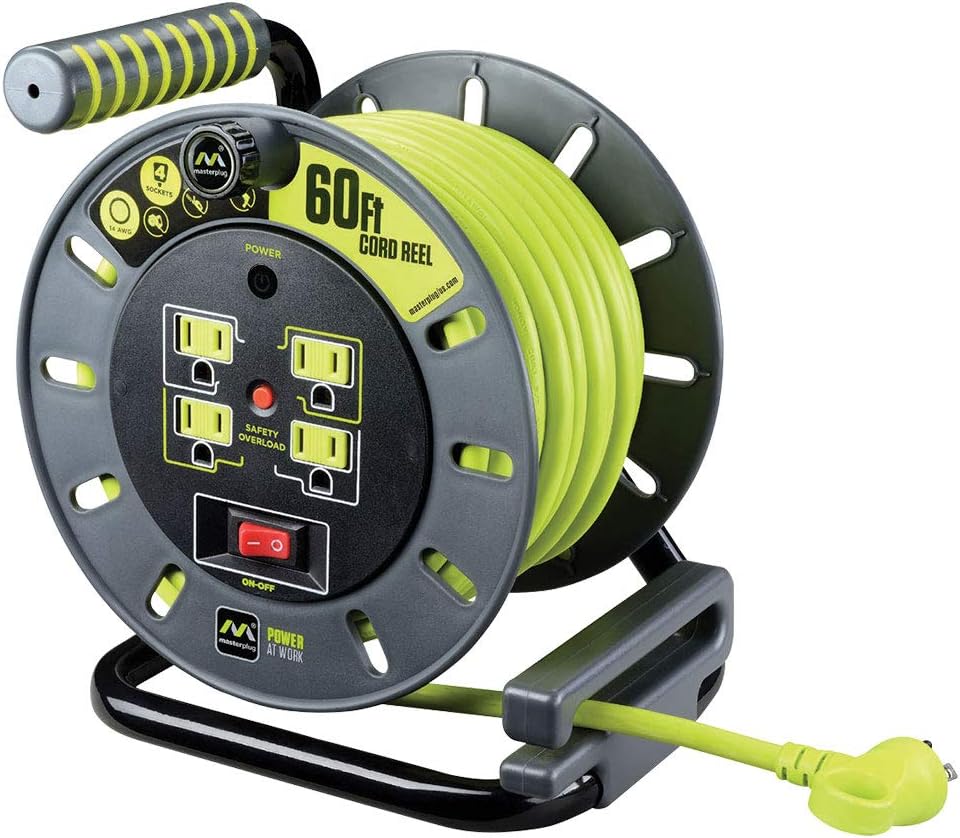 Heavy Duty Metal Cord Reel with 4 Outlets and 12 Gauge Cord (100ft) V567