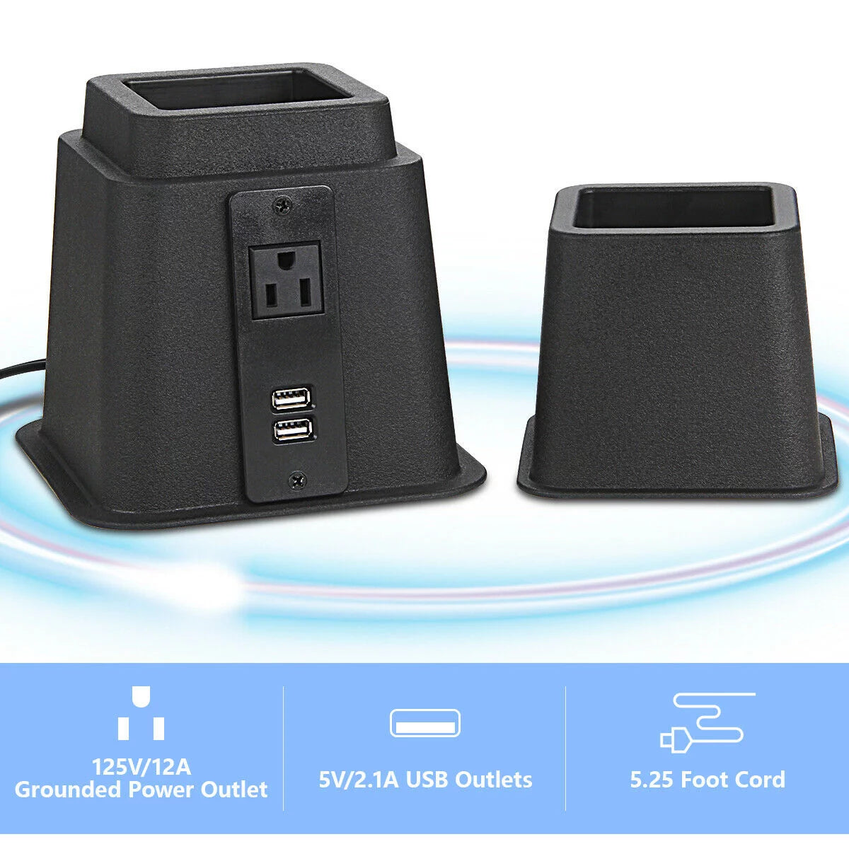 Black Adjustable Bed Riser with Power Outlet and USB Ports Set of 4 B5762