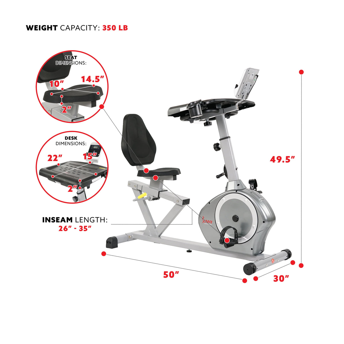 Magnetic Indoor Recumbent Exercise Desk Bike 350 lb Weight Capacity Y735484