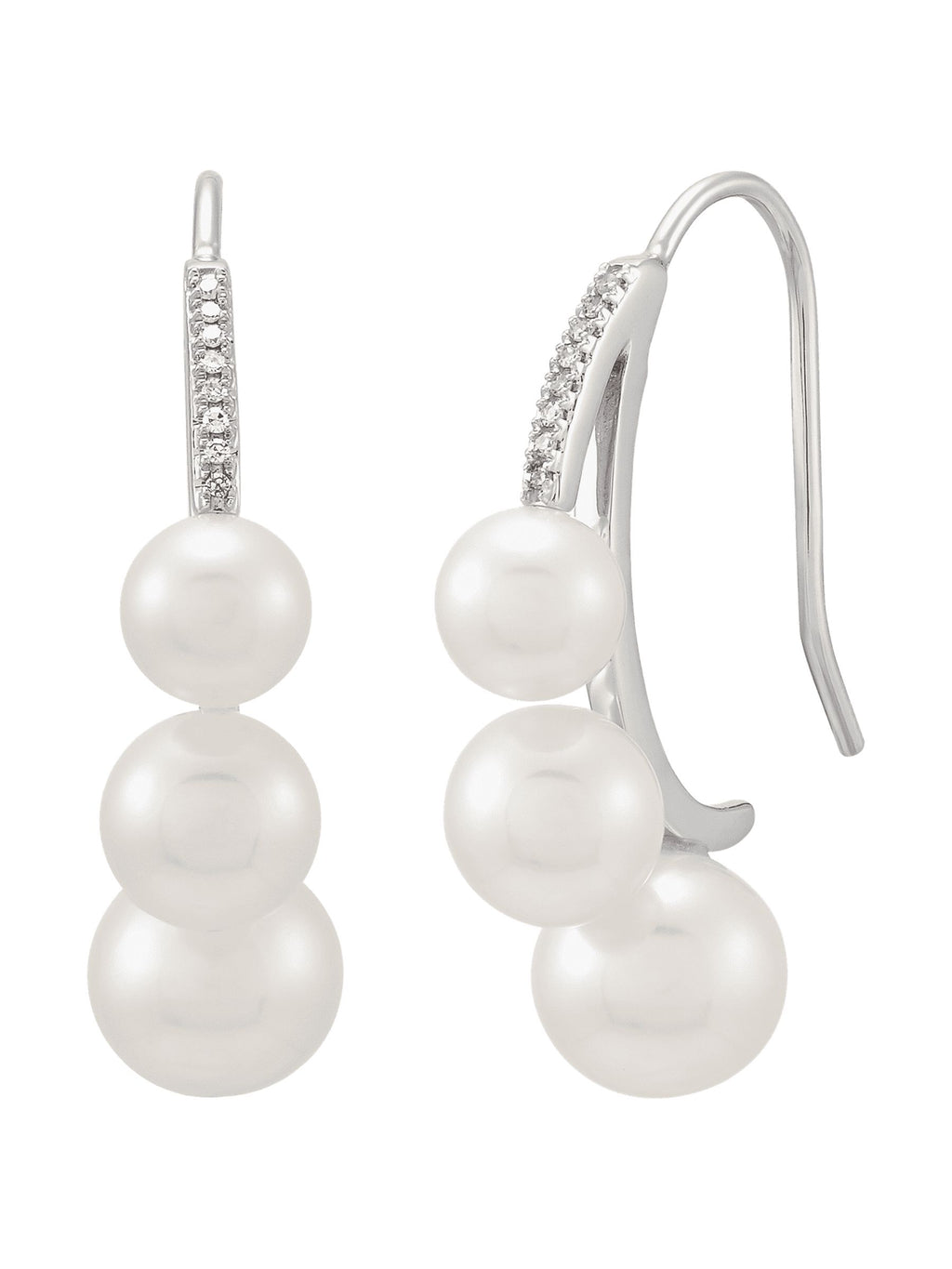 White Freshwater Pearl J-Hoop Drop Earrings with Diamonds in 14kt White Gold S1212