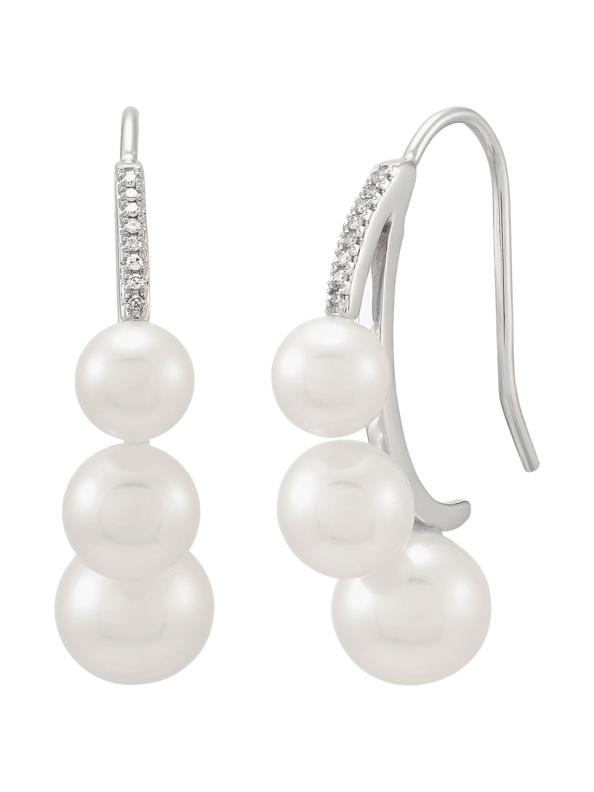 White Freshwater Pearl J-Hoop Drop Earrings with Diamonds in 14kt White Gold S1212