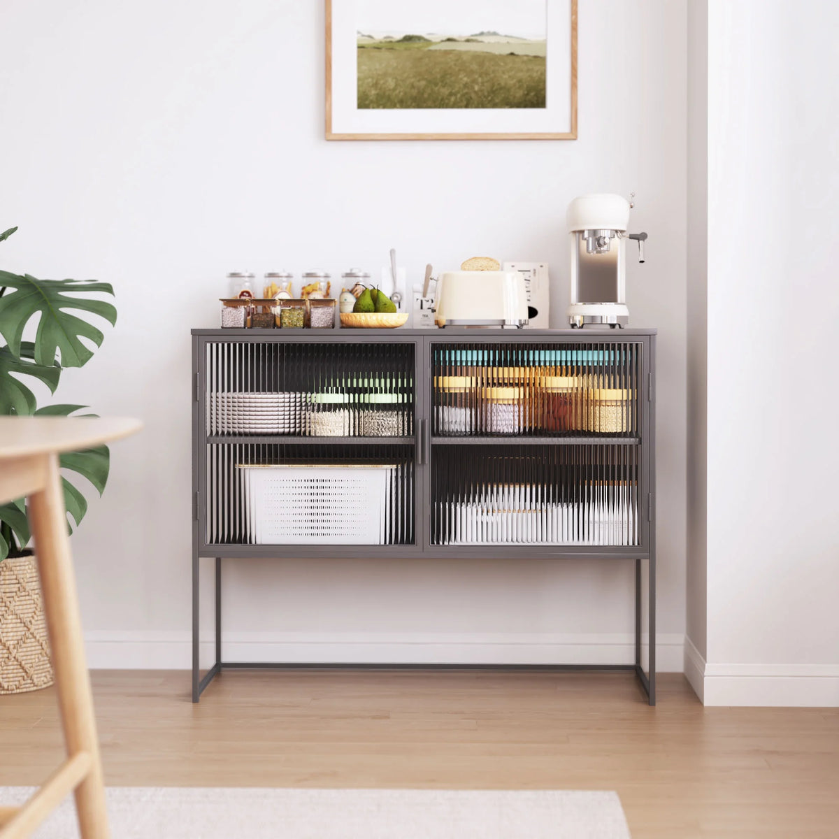 Gray Fluted Glass Sideboard Storage Cabinet Console Table N2451