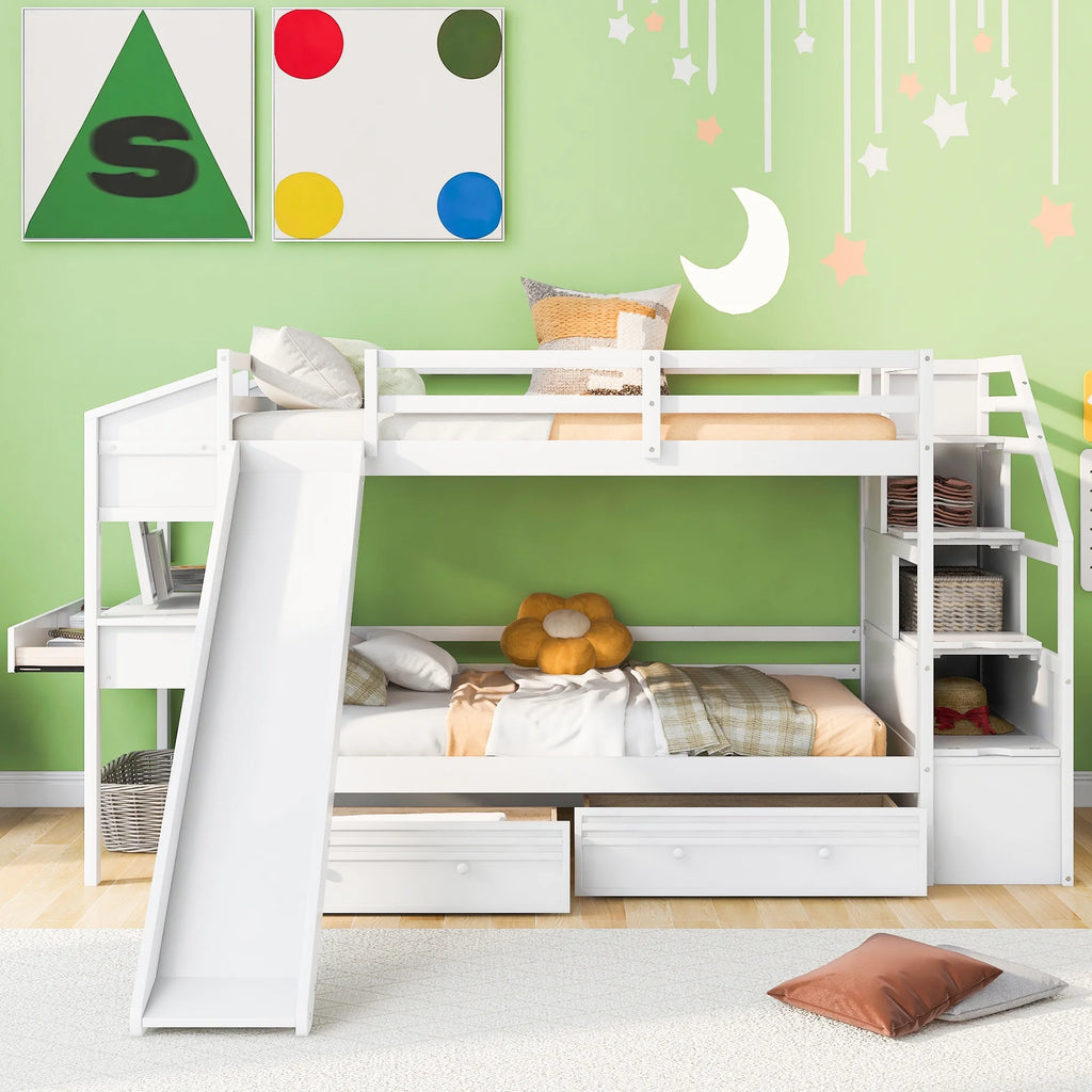 White Wood Twin over Twin Bunk Bed with Desk and Slide T522