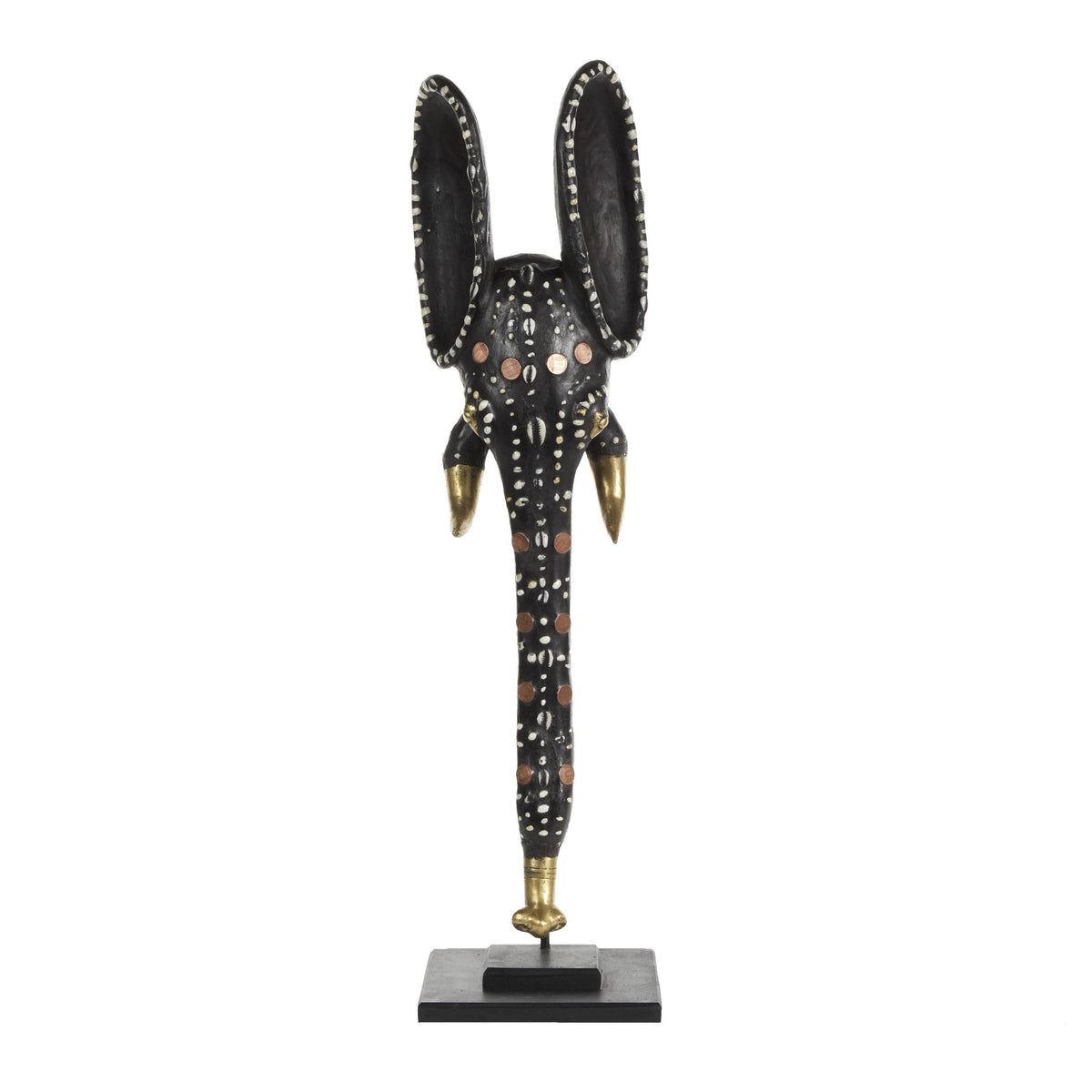 Hand-Carved Brown Wood and Aluminum Elephant Mask on Stand D6705