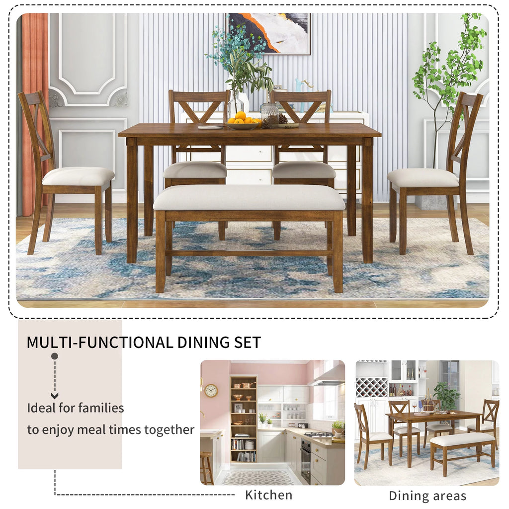 6-Piece Wooden Dining Table Set with 4 Chairs and Bench S80421