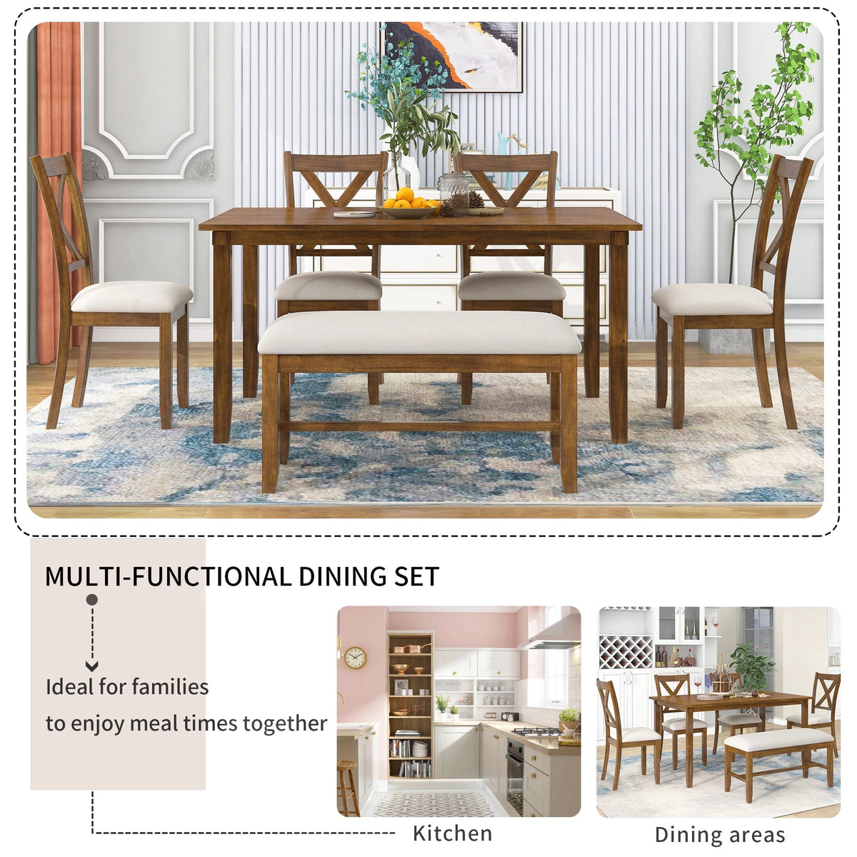 6-Piece Wooden Dining Table Set with 4 Chairs and Bench S80421