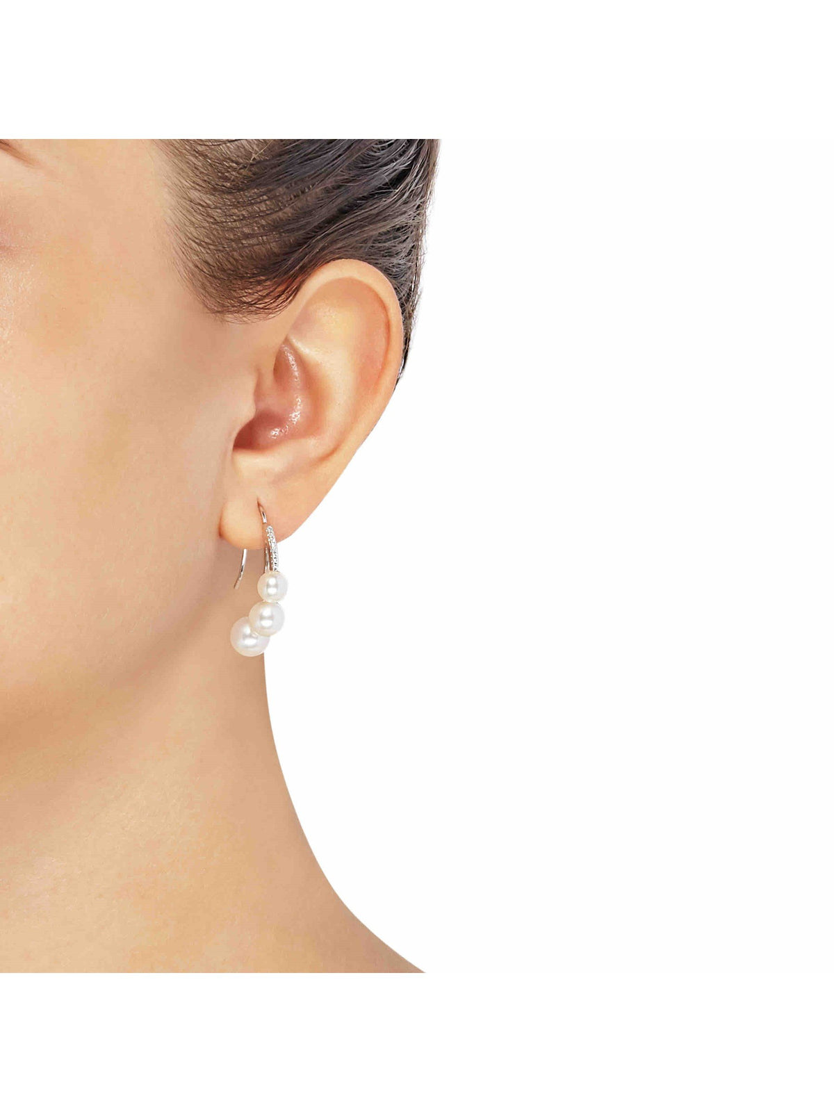 White Freshwater Pearl J-Hoop Drop Earrings with Diamonds in 14kt White Gold S1212