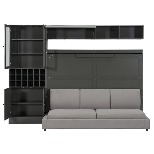 Grey Queen Size Murphy Bed with Sofa and Shelves E688