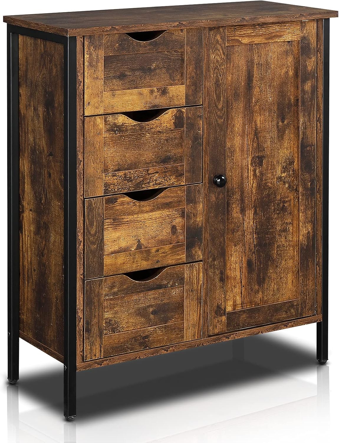 Rustic Brown 4 Drawer 1 Door Wooden Metal Frame Bathroom Floor Cabinet P19450