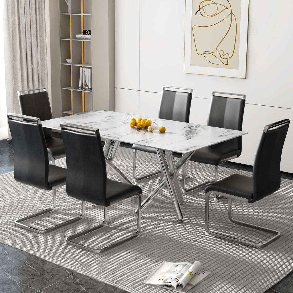 Rectangular Glass Dining Table for 6-8 People with Tempered Glass Top and Silver Metal Legs E722750