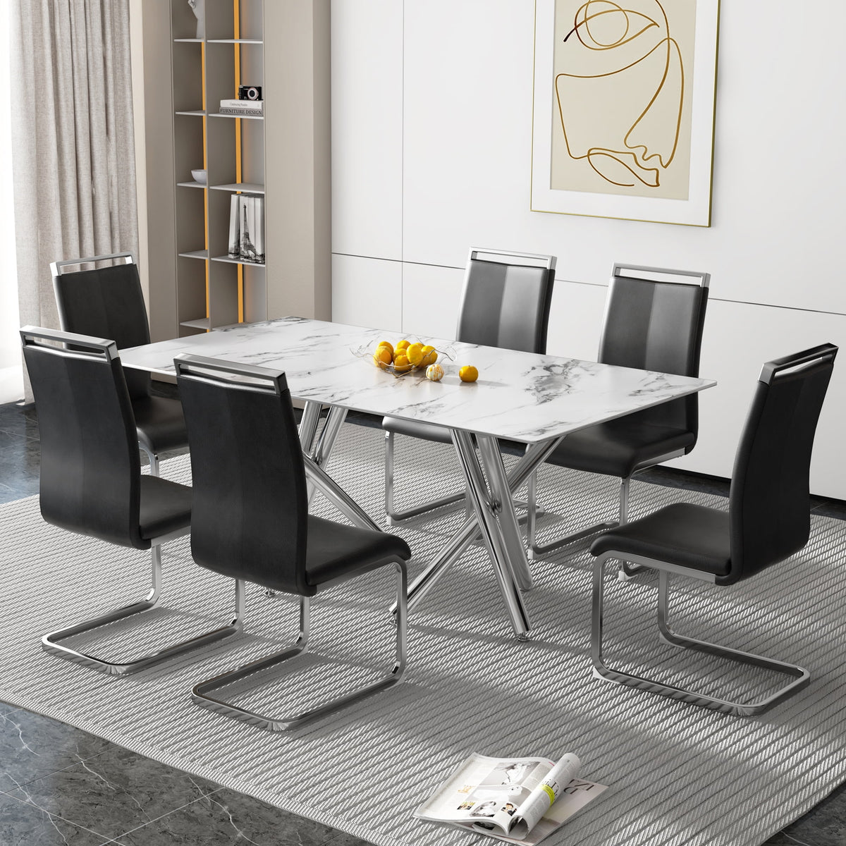 Rectangular Glass Dining Table for 6-8 People with Tempered Glass Top and Silver Metal Legs E722750