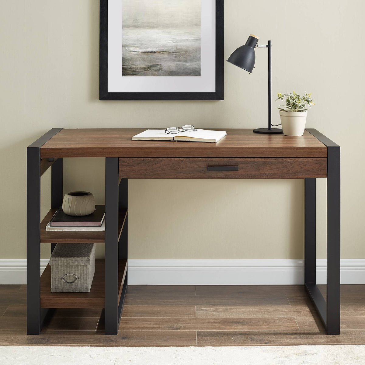 48x22 Industrial Farmhouse Tech Desk with USB Dark Walnut P5533