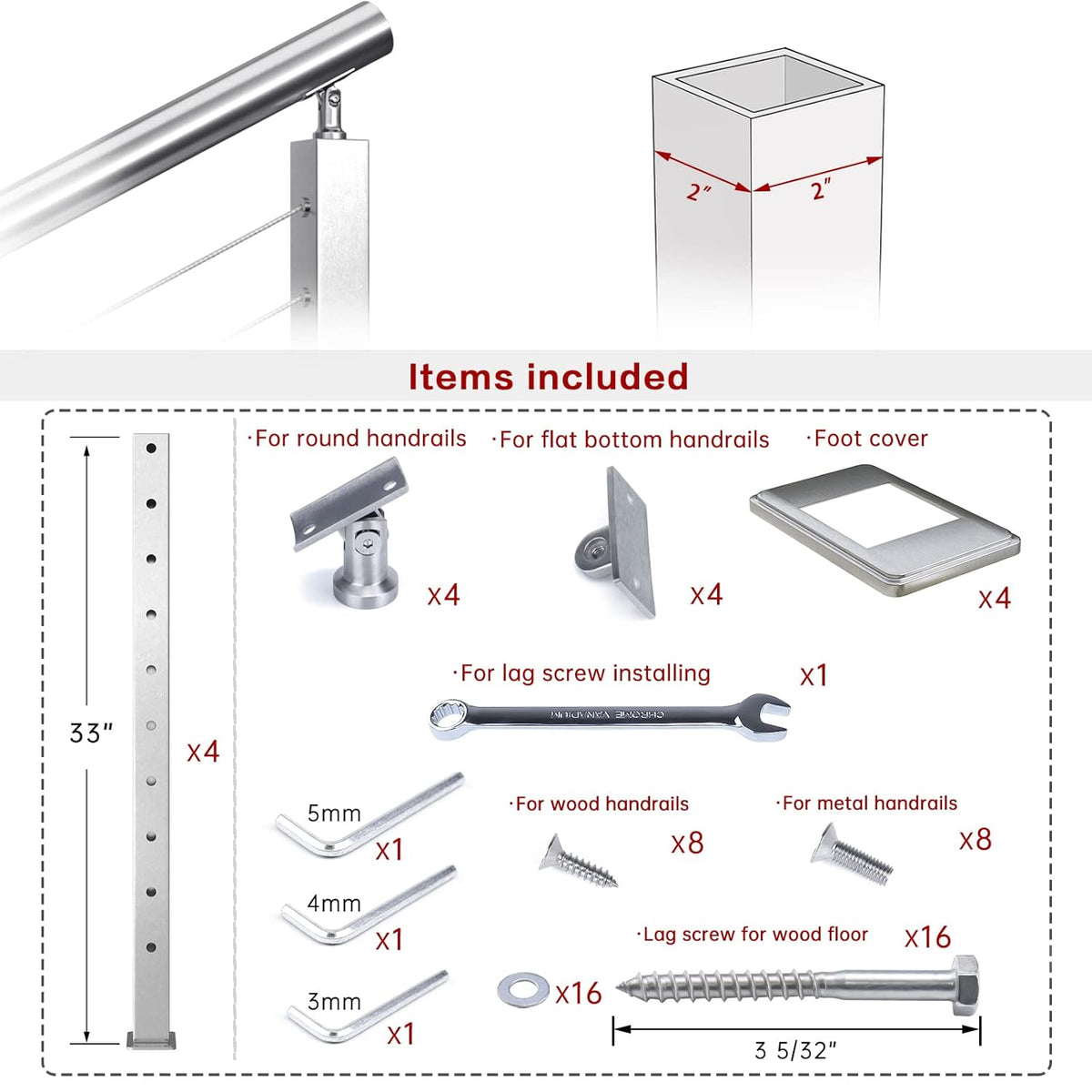 4 Pack Stainless Steel Cable Railing Post O142