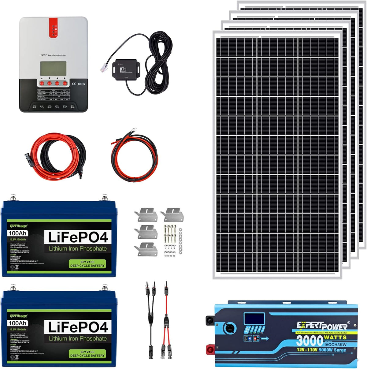 2.5KWH 12V LiFePO4 100Ah Solar Power Kit with 400W Mono Solar Panels, 30A MPPT Charge Controller, 3KW Pure Sine Wave Inverter S1372