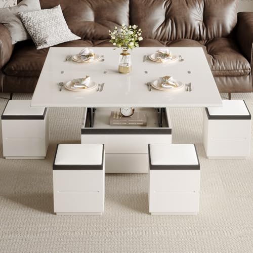 White Lifting Top Coffee Table with Four Stools C11647