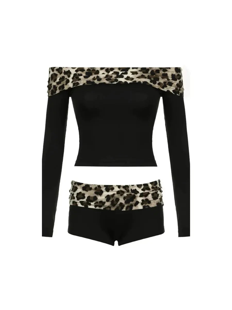 Cheetah Print Off Shoulder 2 Pcs Set C41696