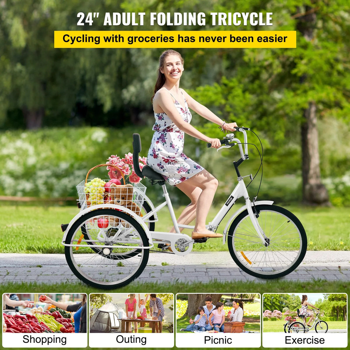 Foldable Tricycle 24in Wheels Red Trike with Basket H46433
