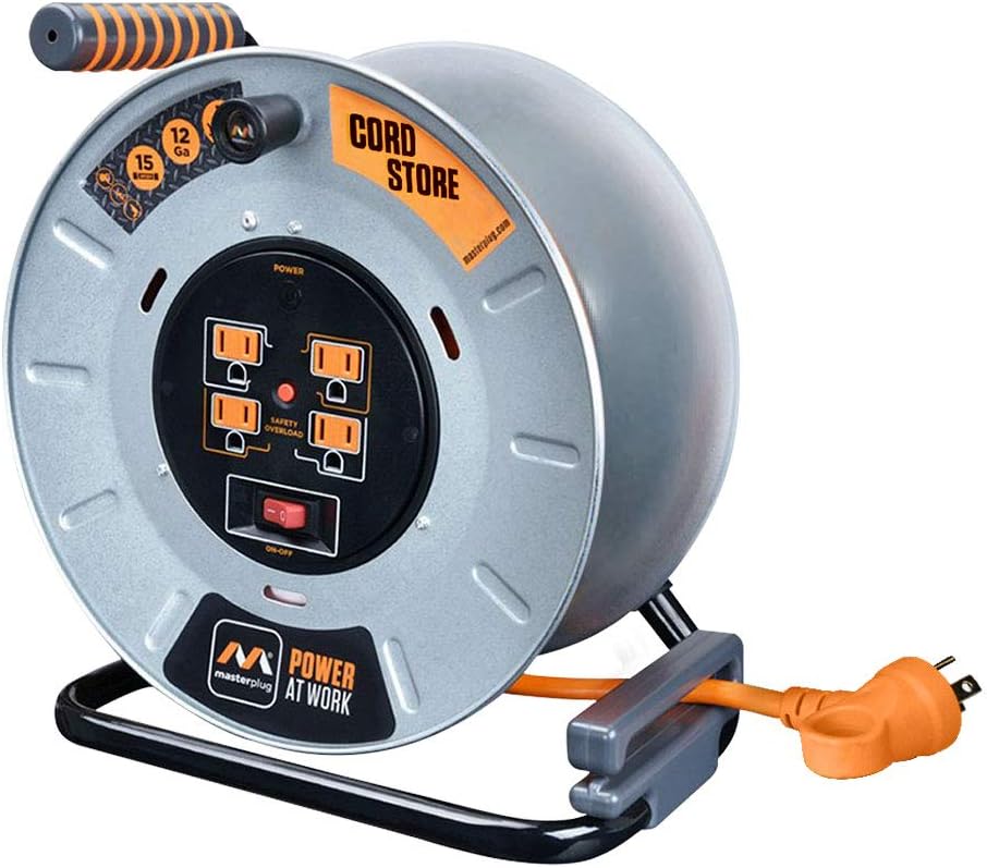 Heavy Duty Metal Cord Reel with 4 Outlets and 12 Gauge Cord (100ft) V567