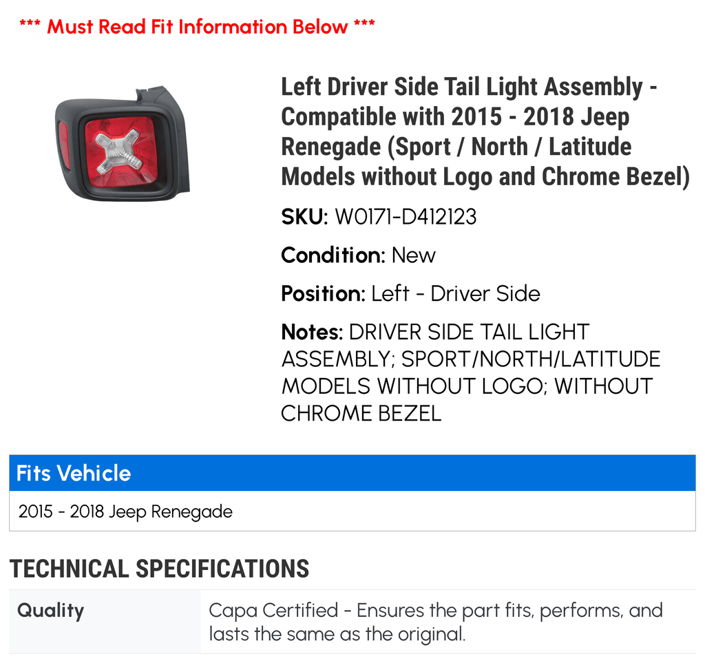 Left Driver Side Tail Light Assembly for Jeep Renegade L679