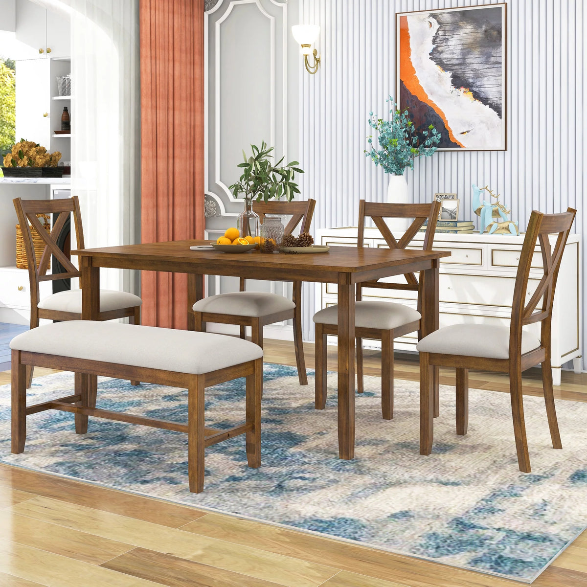 6-Piece Wooden Dining Table Set with 4 Chairs and Bench S80421