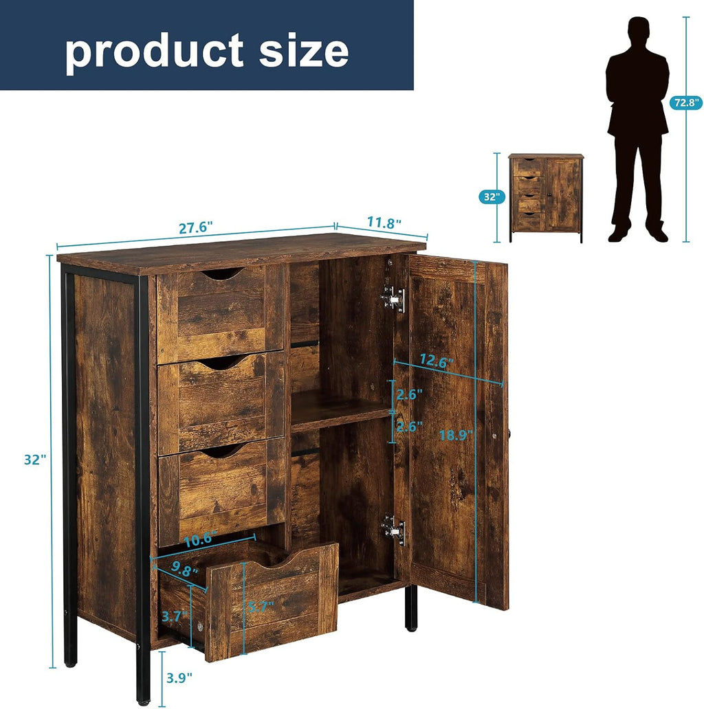 Rustic Brown 4 Drawer 1 Door Wooden Metal Frame Bathroom Floor Cabinet P19450