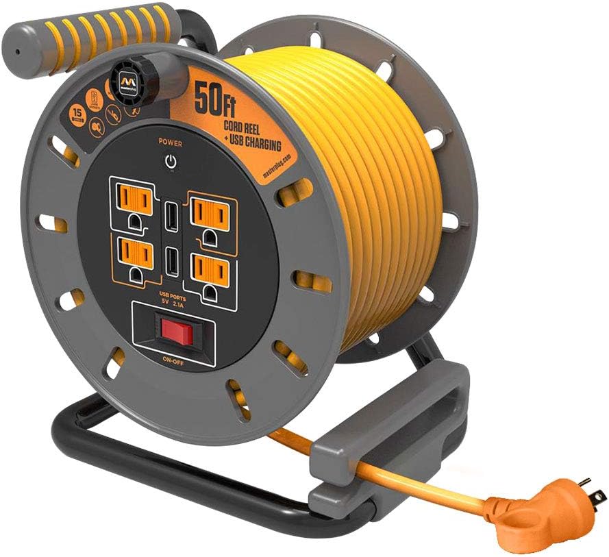 Heavy Duty Metal Cord Reel with 4 Outlets and 12 Gauge Cord (100ft) V567