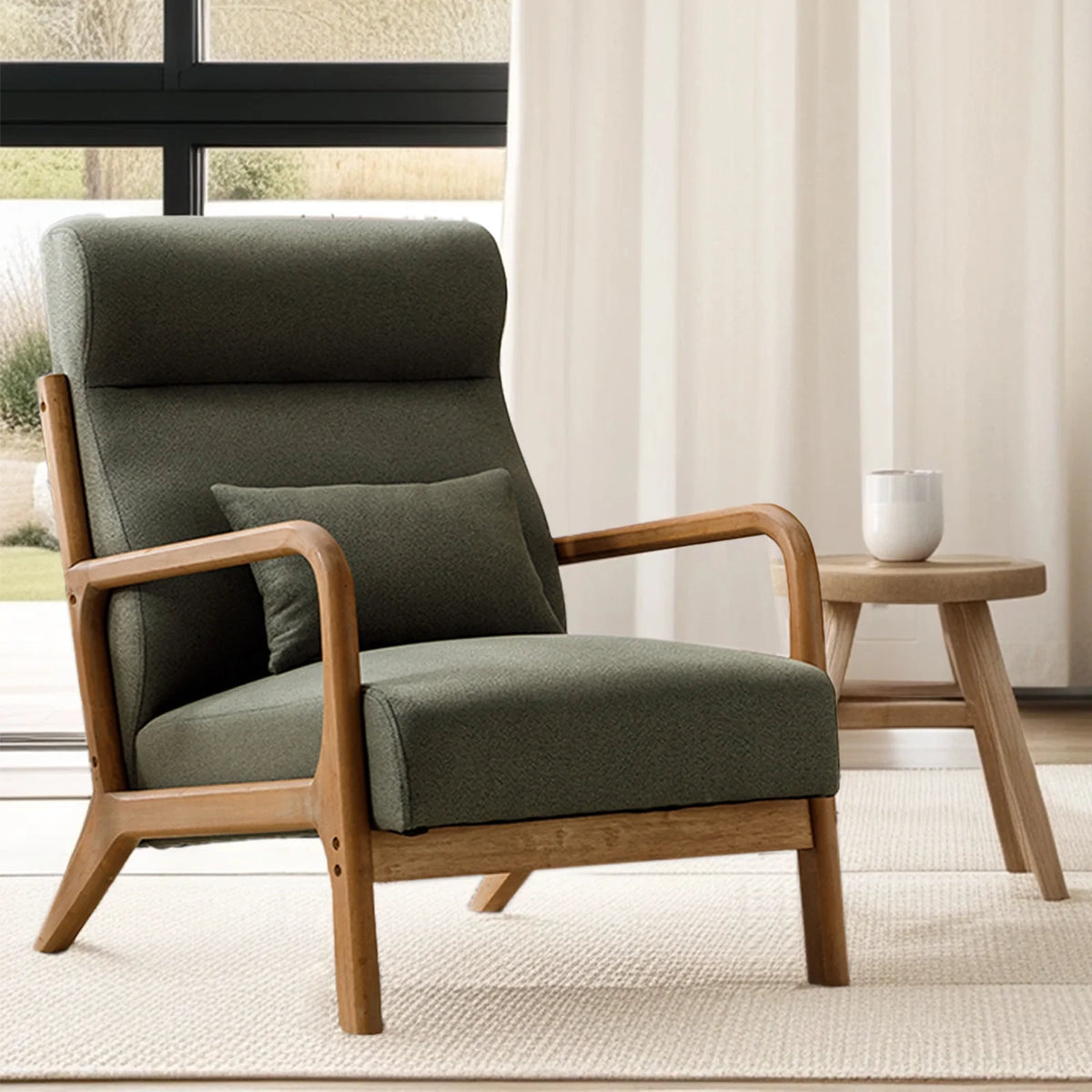Mid-Century Modern Green Upholstered Accent Chair with Pillow C62308