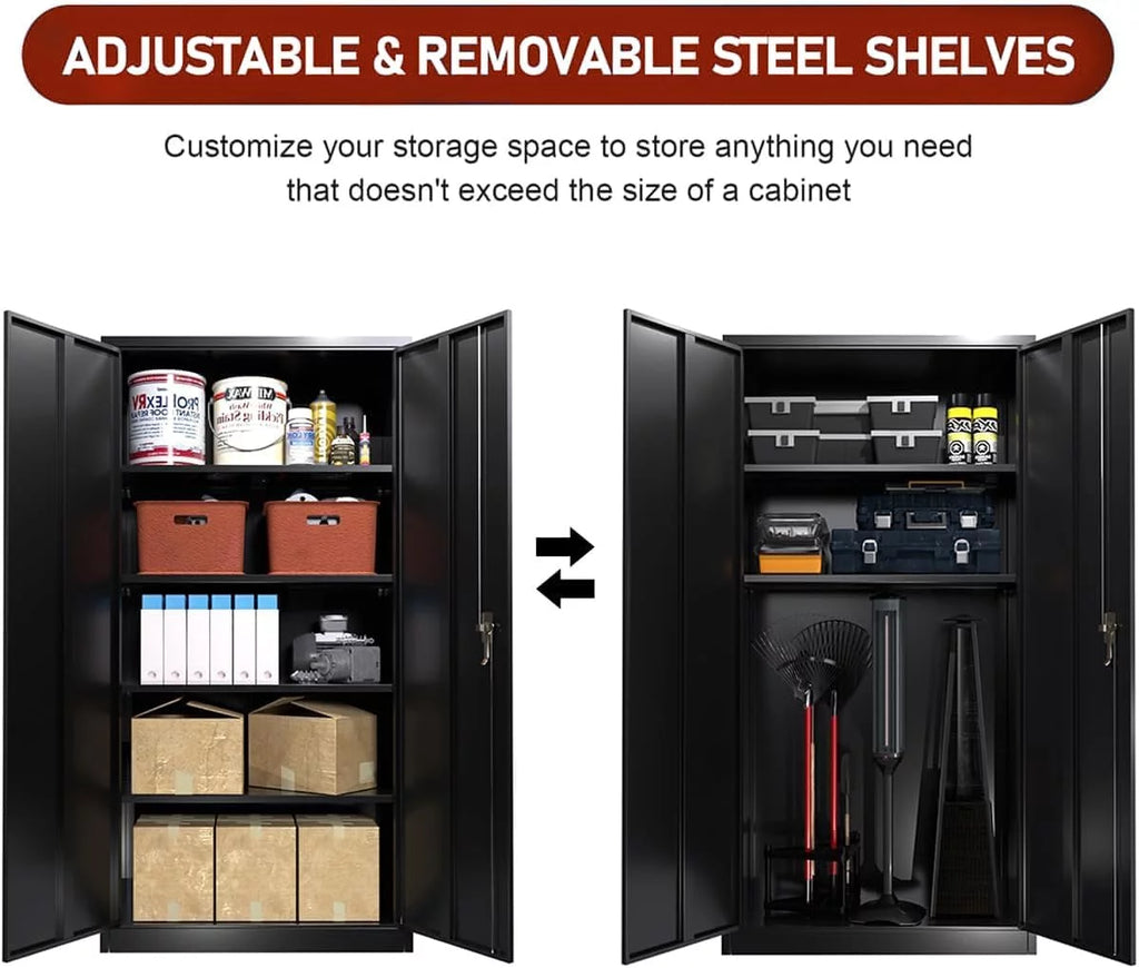 71 In Black Metal Storage Cabinet with Locking Doors and Adjustable Shelves E3879