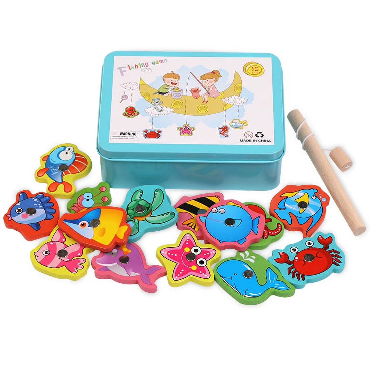 15 Fishes Wooden Kids Magnetic Fishing Game C984627