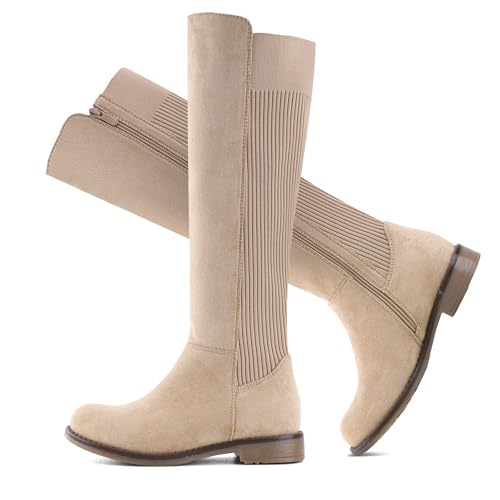 Knee High Boots Flat Low Heel Stretchy Round Toe with Side Zipper B976482