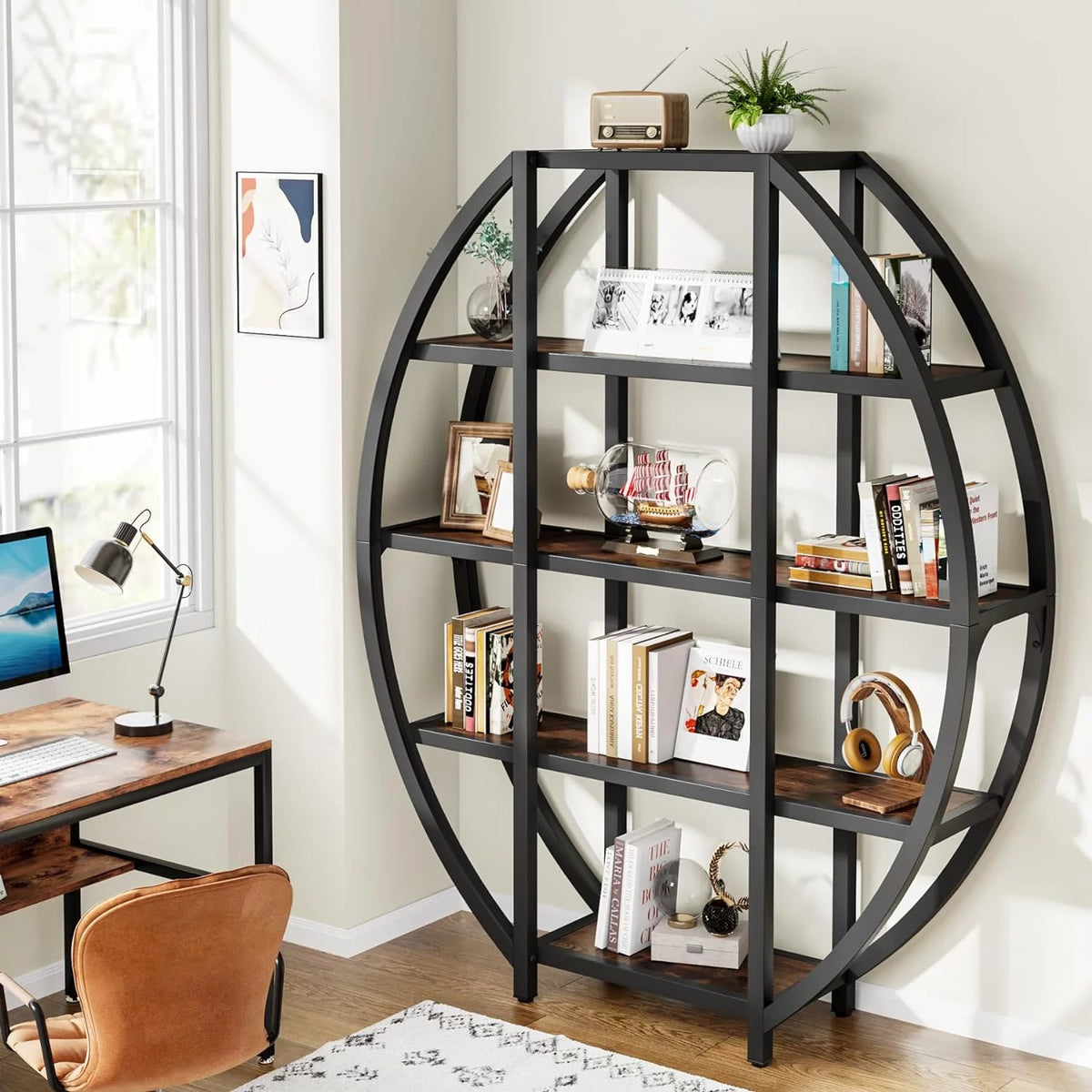 69" Tall 5 Tiers Rustic Brown Bookshelf B7305
