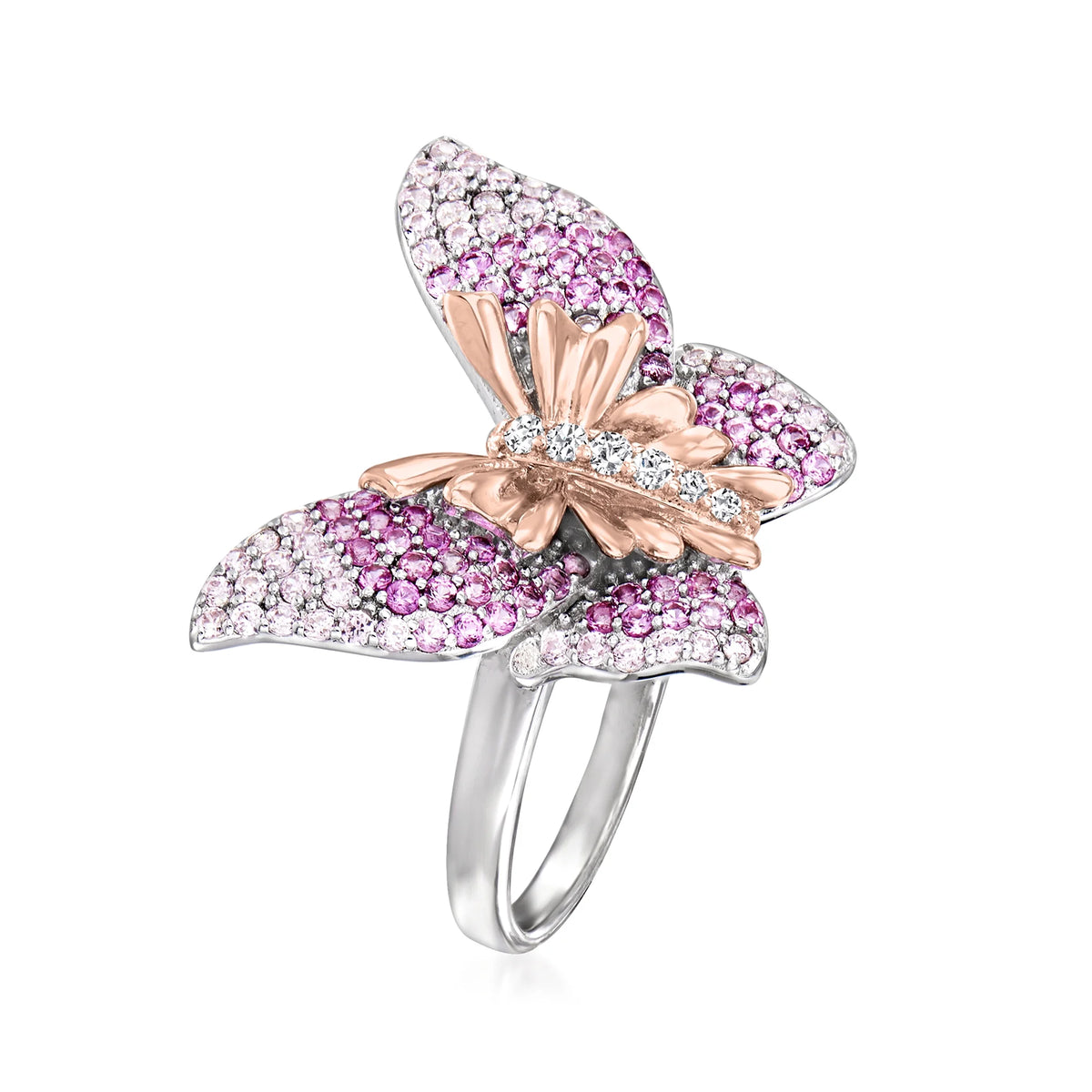 Simulated Pink Sapphire Butterfly Ring With CZ Accents in 2-Tone Sterling Silver H6053